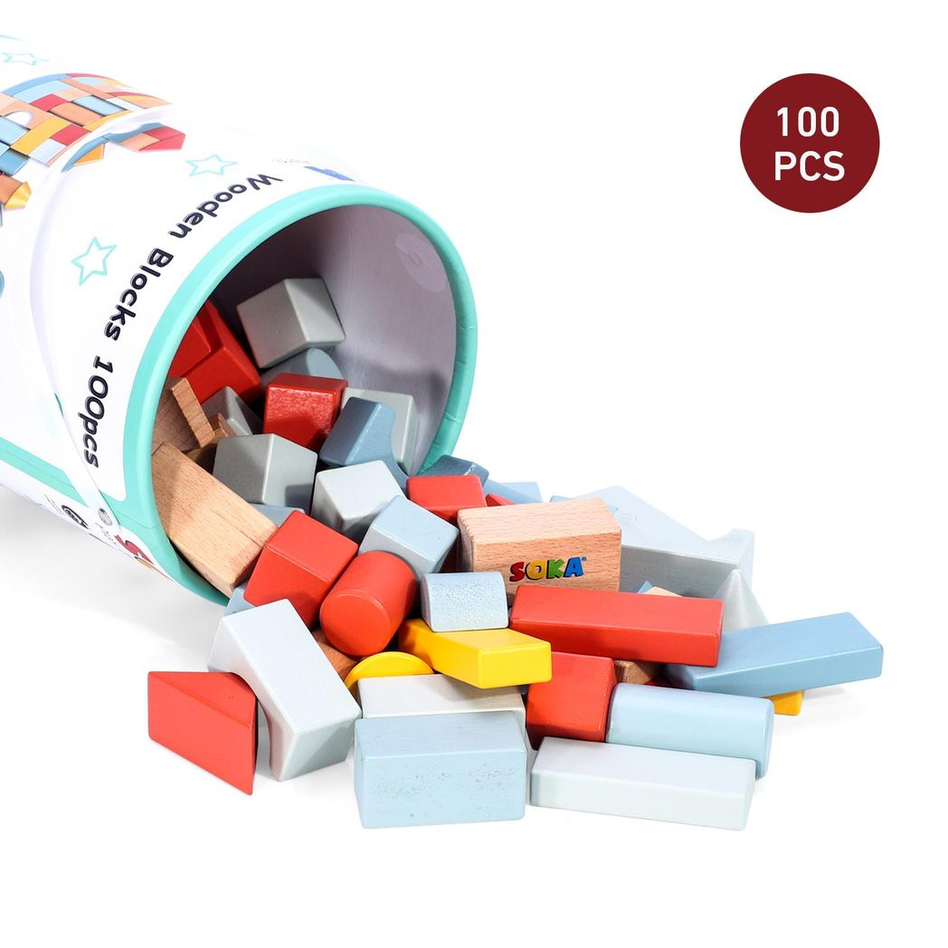 SOKA 100-Piece Wooden Block Set in Neutral Tones