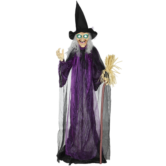 183cm Life-Size Halloween Witch with Rotating Head, Sound & Lights – Purple/White