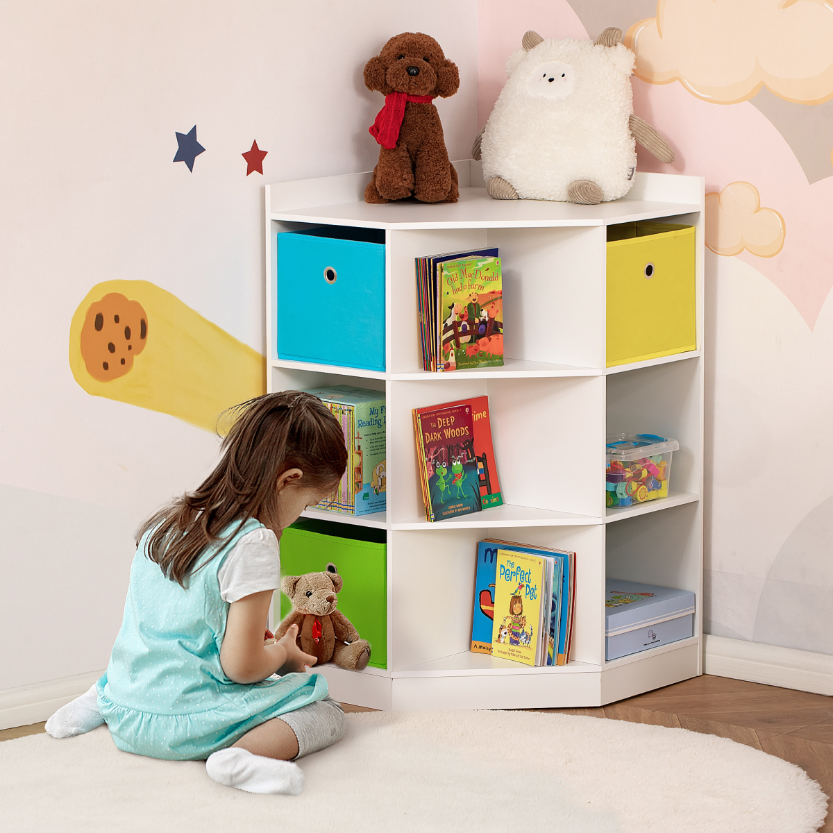 Kids Corner Storage Shelf with Drawers โ White, Blue, Green & Yellow. HOMCOM