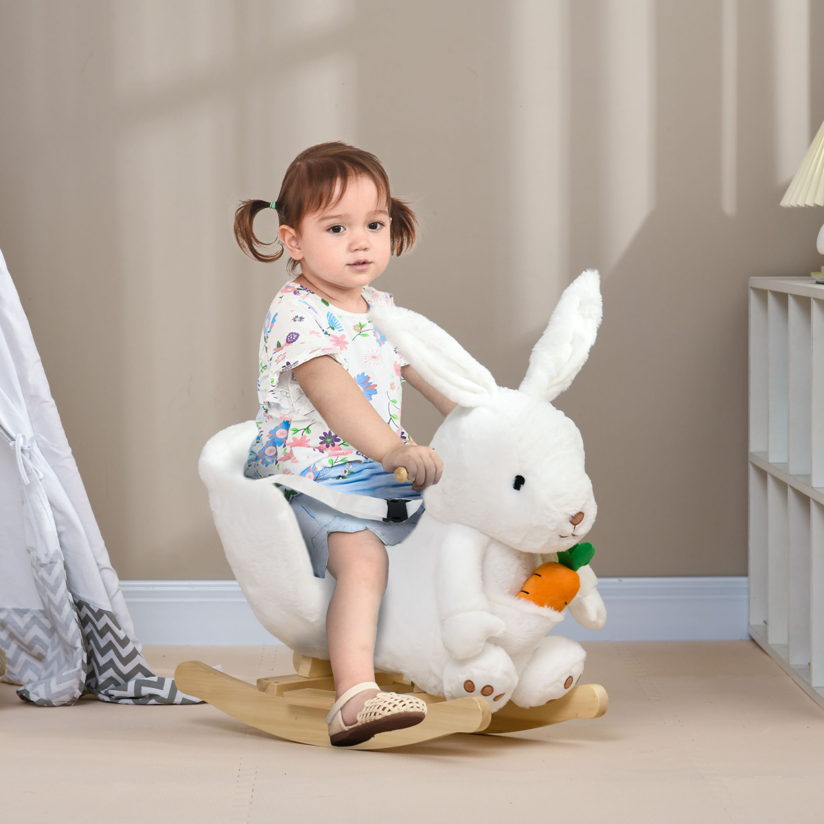 HOMCOM Rabbit Rocking Horse with Sounds, Carrot Toy & Seatbelt β Ages 18β36 Months
