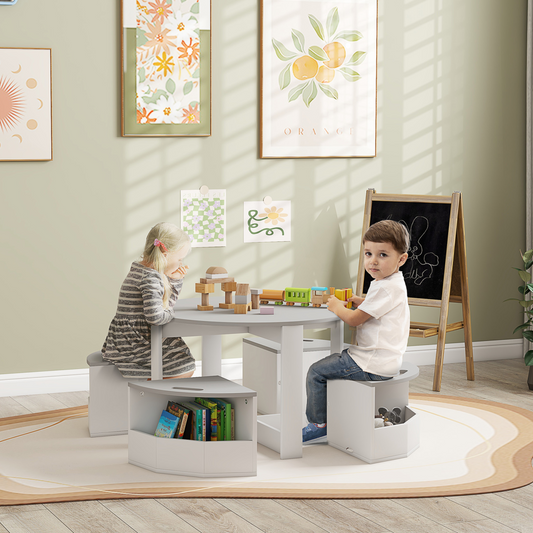 5-Piece Kids Table and Chair Set with Hidden Storage – Grey & White