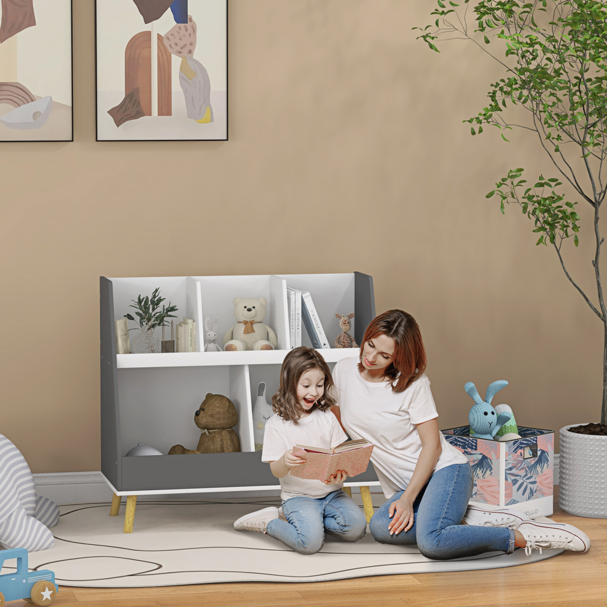 Kids Storage Shelf – Grey & White, 2-Tier with 5 Compartments HOMCOM
