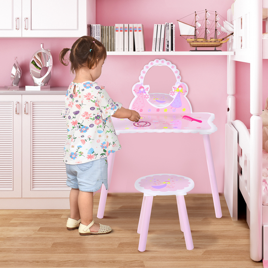 HOMCOM Kids Pink Dressing Table & Chair Set with Mirror