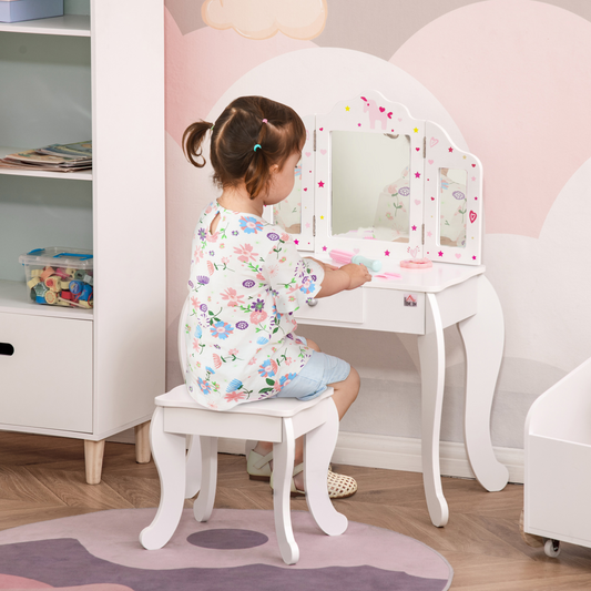 HOMCOM Kids Vanity Table & Stool Set with Rotatable Mirror – White & Pink