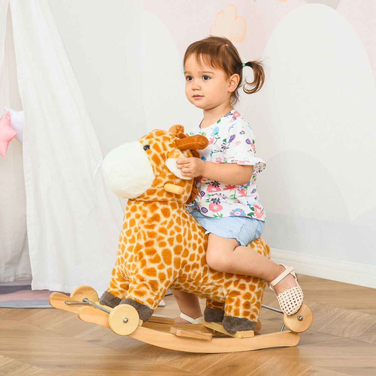 Kids 2-in-1 Giraffe Rocking Horse with Wheels & Sound – Wooden Frame Plush Ride-On Toy