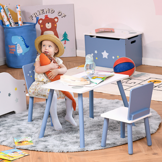 Kids 3-Piece Table & Chair Set with Stars & Balloons Design – White & Blue (Ages 2–4)