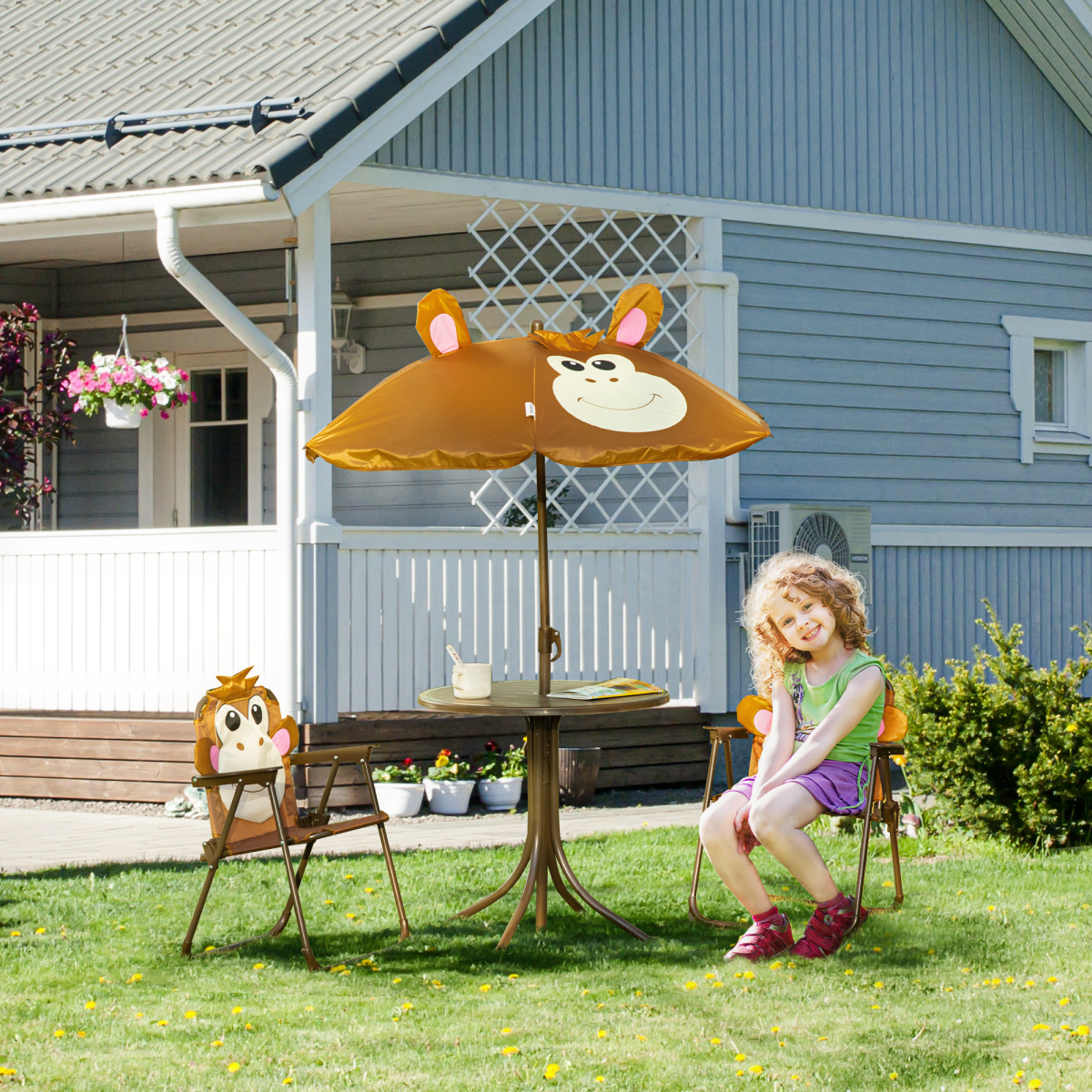 Kids Foldable Four-Piece Garden Set – Table, Chairs & Umbrella