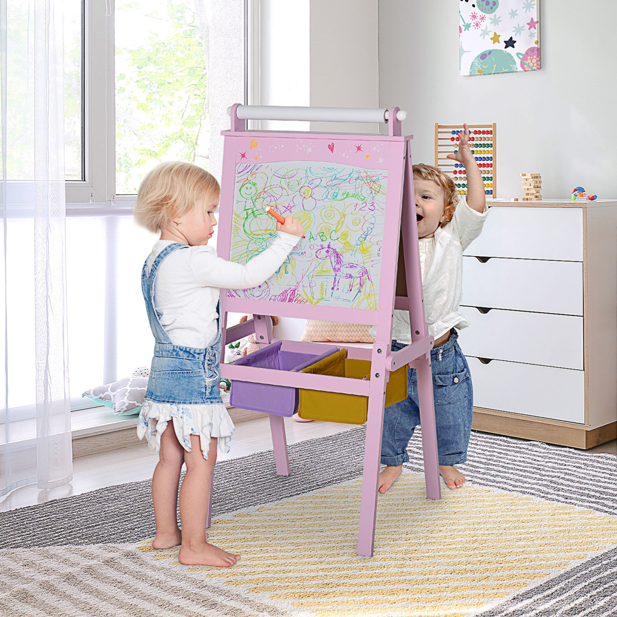 HOMCOM 3-in-1 Kids Art Easel with Whiteboard, Chalkboard & Paper Roll