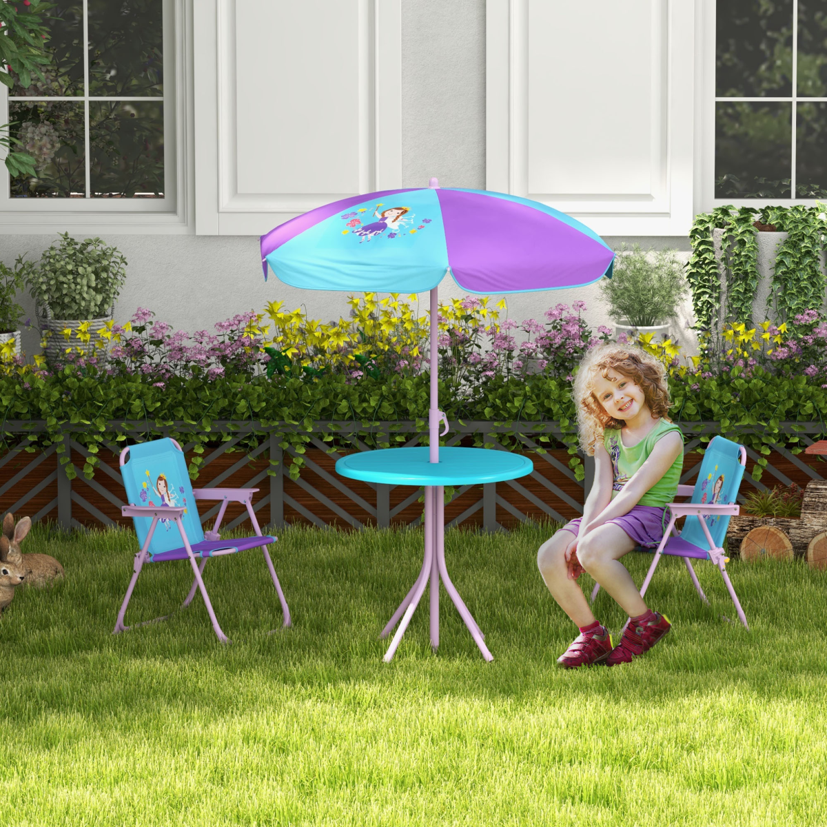 Kids Fairy-Themed Garden Set – 4-Piece Table, Chairs & Adjustable Parasol (Ages 3–6)