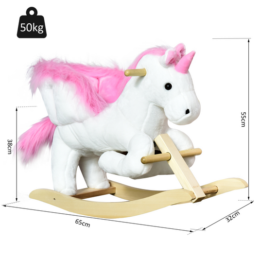 HOMCOM Kids Wooden Ride-On Unicorn Rocking Horse with Music – Pink & White (18+ Months)