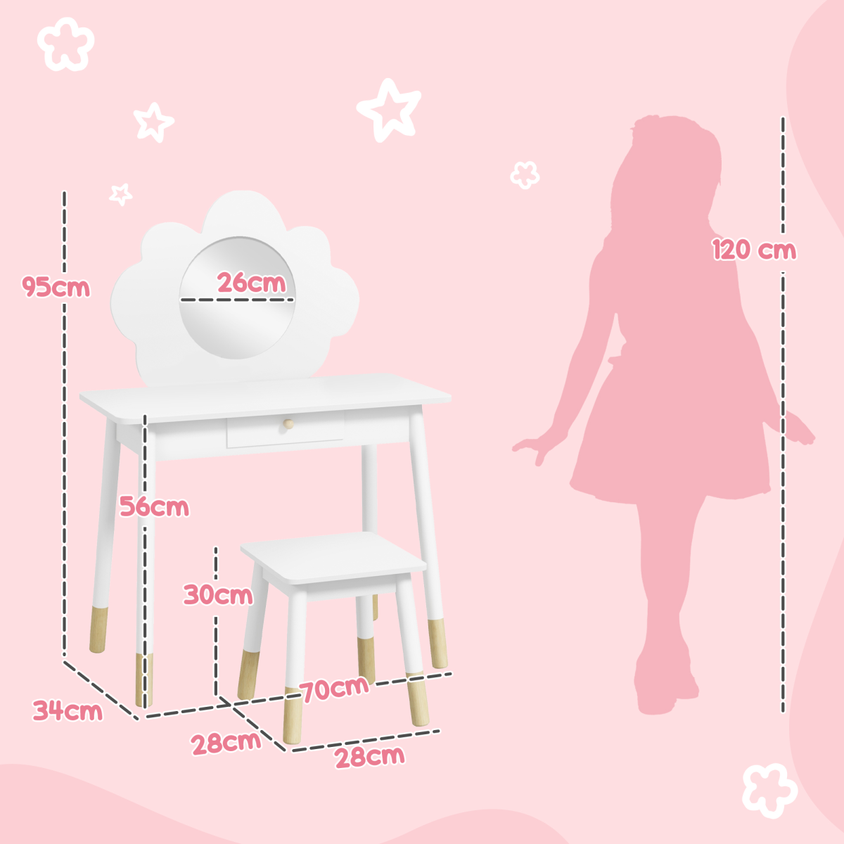 Kids Cloud Dressing Table & Stool Set with Mirror & Drawer – White (Ages 3–6)