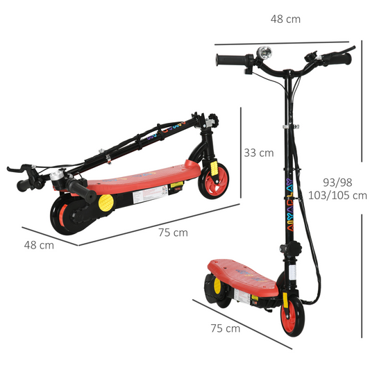 Folding Electric Scooter E-Scooter w/ LED Headlight, for Ages 7-14 Years - Red