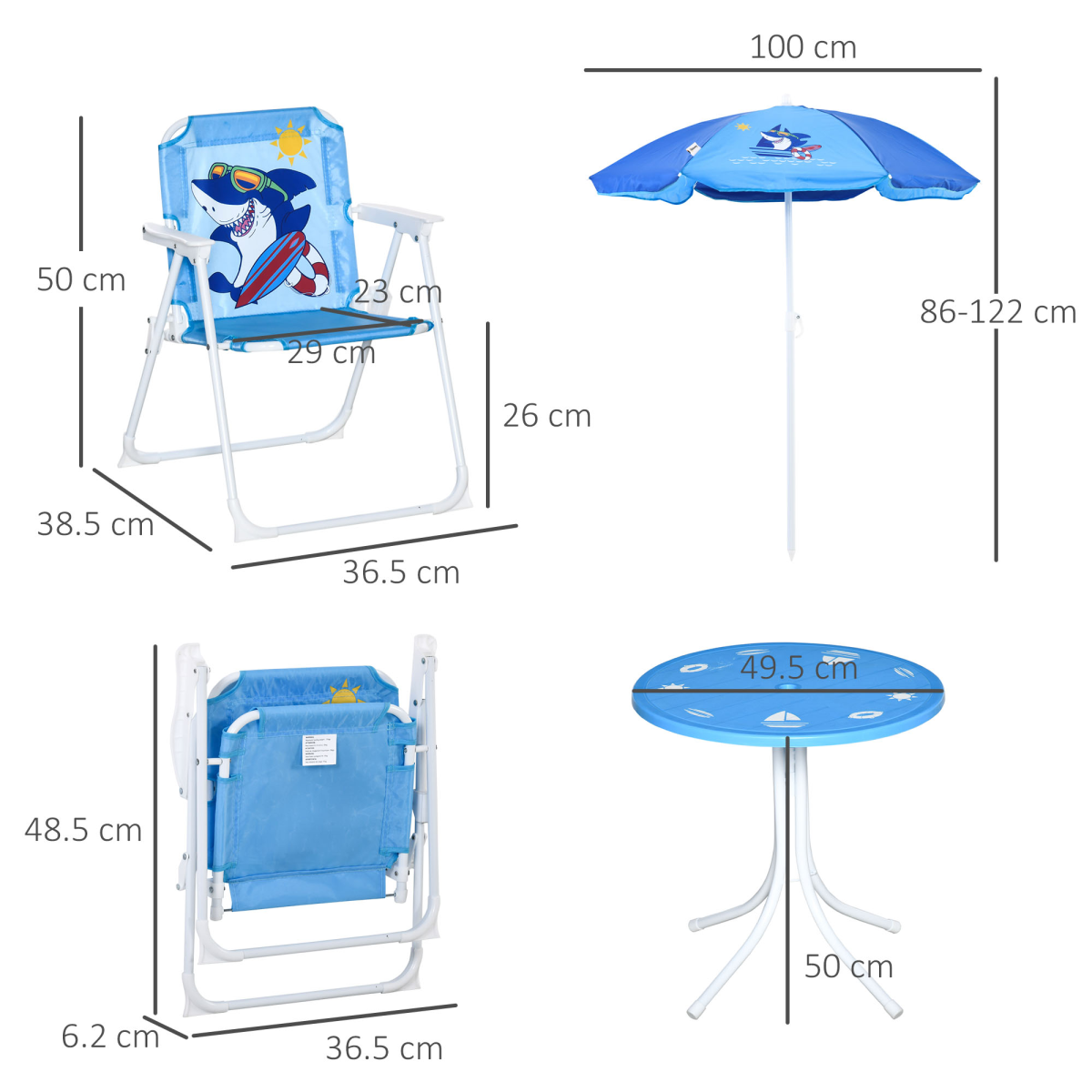 Kids Foldable Four-Piece Garden Set with Table, Chairs & Umbrella – Blue Shark Design