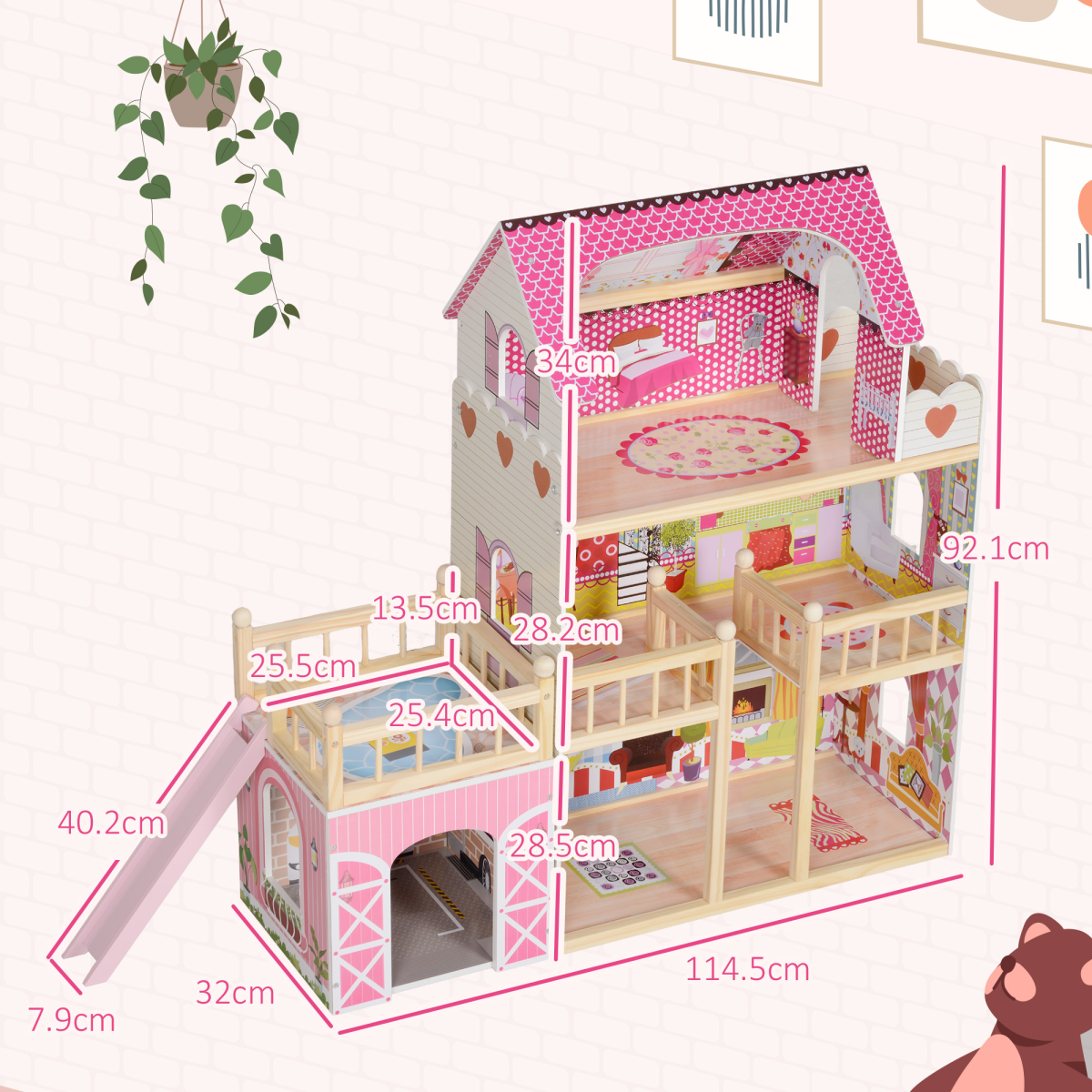 3-Storey Wooden Dollhouse with Furniture & Accessories – Pink