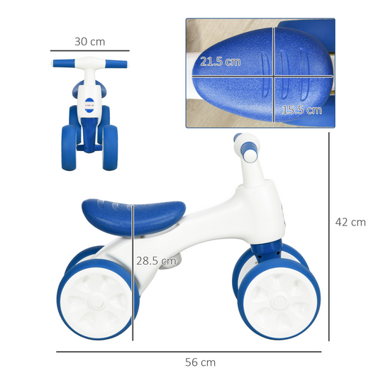Kids Balance Bike with 4 Wheels – White & Blue (Ages 18–36 Months)