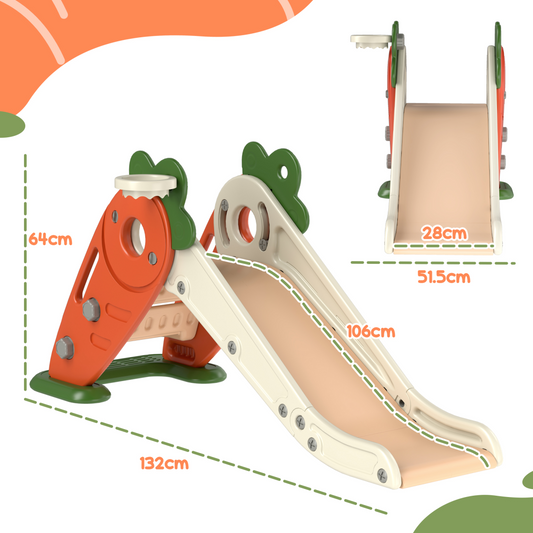 🥕 Carrot-Themed Toddler Slide & Climber with Basketball Hoop – Orange