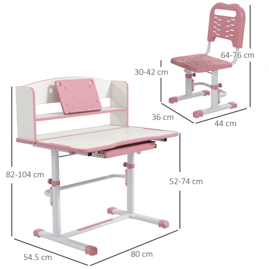 Height Adjustable Kids Desk & Chair Set with Drawer & Bookshelf – Pink (Ages 6–12)