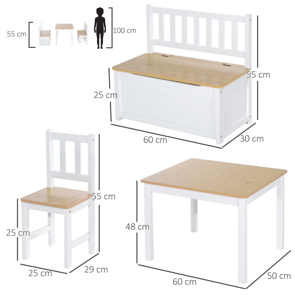 4-Piece Set Kids Wood Table Chair Bench Storage Function for 3 Years+ HOMCOM
