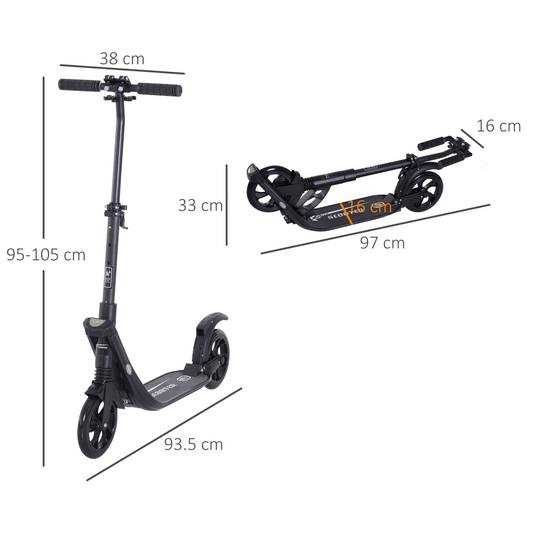 Folding Kick Scooter Teens Adult Ride On Adjustable 2 Big Wheels Black