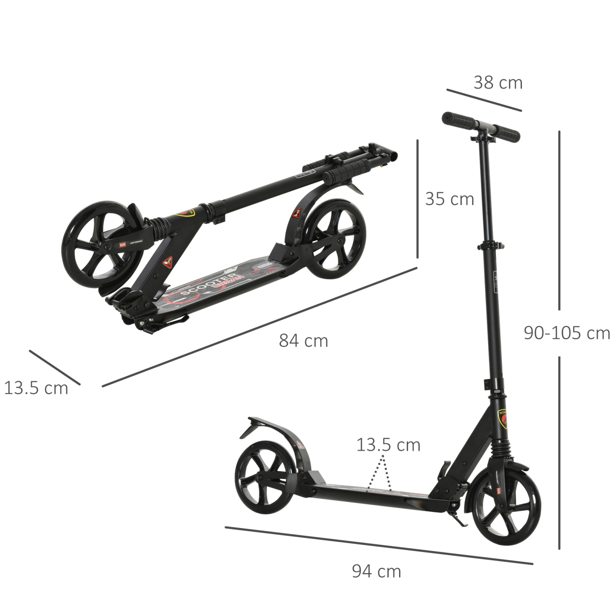 Kick Scooter Folding 2 Big Wheels Adjustable Adult Teens For 14 Black HOMCOM