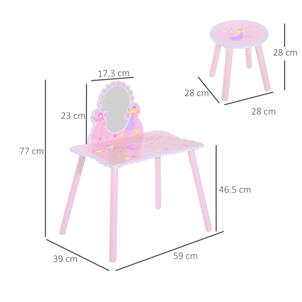 HOMCOM Kids Pink Dressing Table & Chair Set with Mirror
