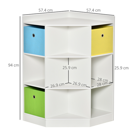 Kids Corner Storage Shelf with Drawers – White, Blue, Green & Yellow. HOMCOM
