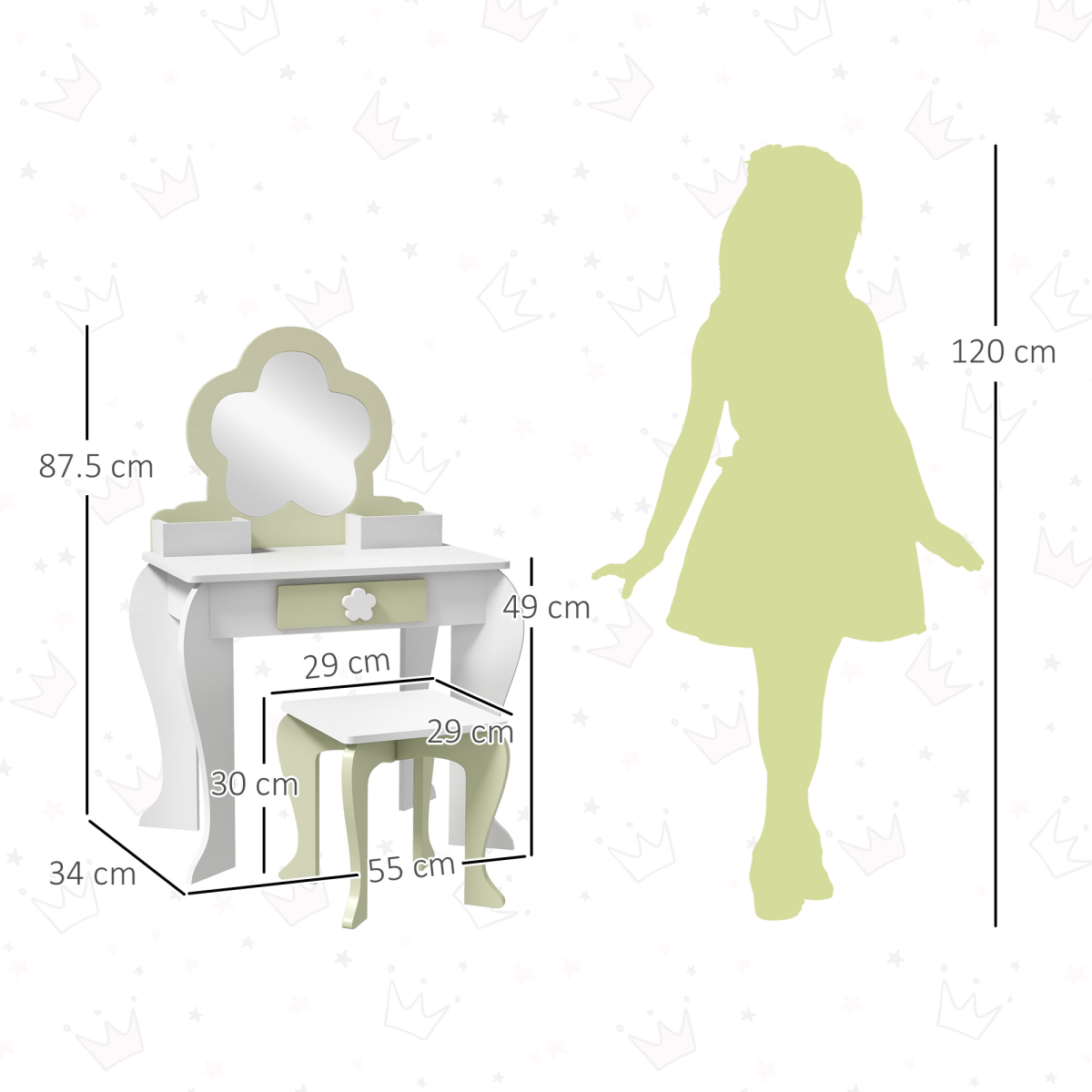 Kids Dressing Table Set with Stool & Mirror – White & Yellow Flower Design