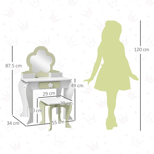 Kids Dressing Table Set with Stool & Mirror – White & Yellow Flower Design