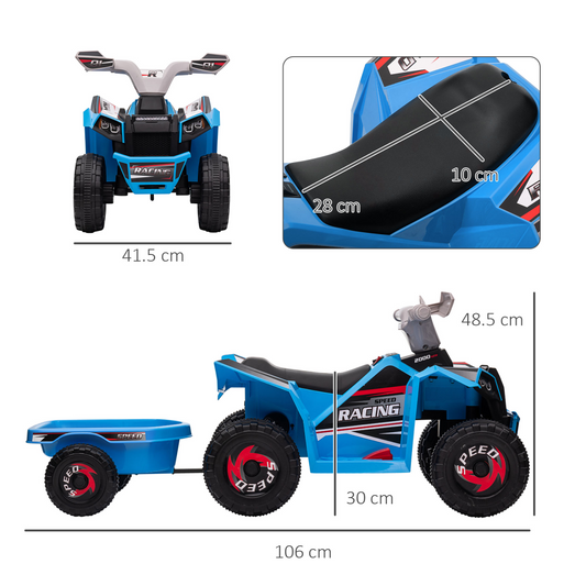 HOMCOM Electric Quad Bike, 6V Kids Ride-On ATV with Back Trailer - Blue