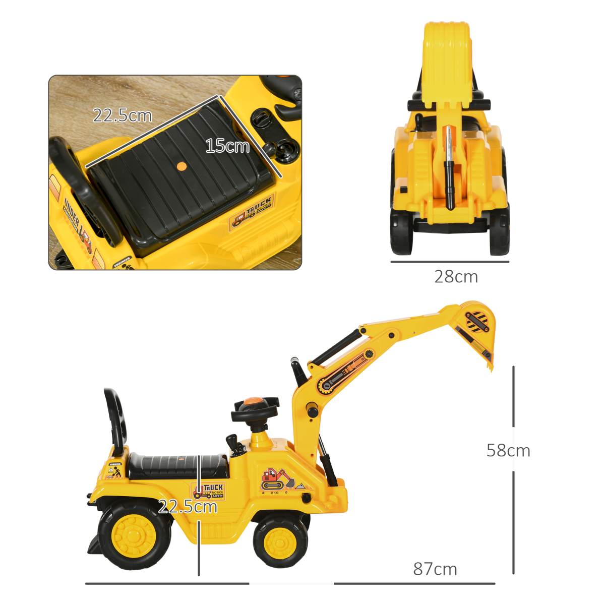 Kids Ride-On Digger with Shovel, Horn & Storage – Yellow (Ages 18–48 Months)