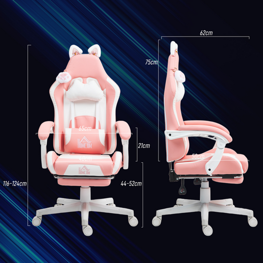 Pink Gaming Chair with Cat Ears & Paw – Reclining, Adjustable & Cute Comfort HOMCOM
