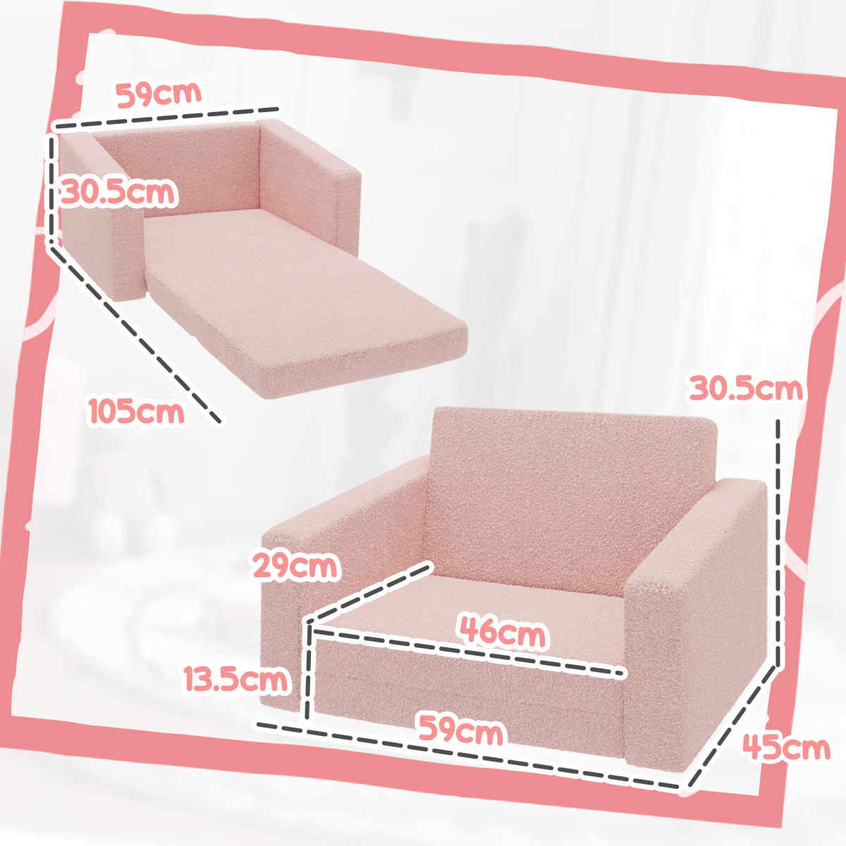 Kids 2-in-1 Sofa Bed – Foldable Toddler Chair & Lounger (Pink, Ages 1.5–3)