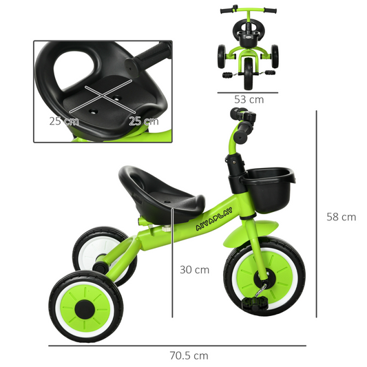 AIYAPLAY Trike with Adjustable Seat Basket Kids Tricycle for 2-5 Years Old Green