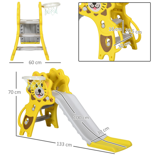 2-in-1 Toddler Slide & Basketball Hoop – Cartoon Lion Design