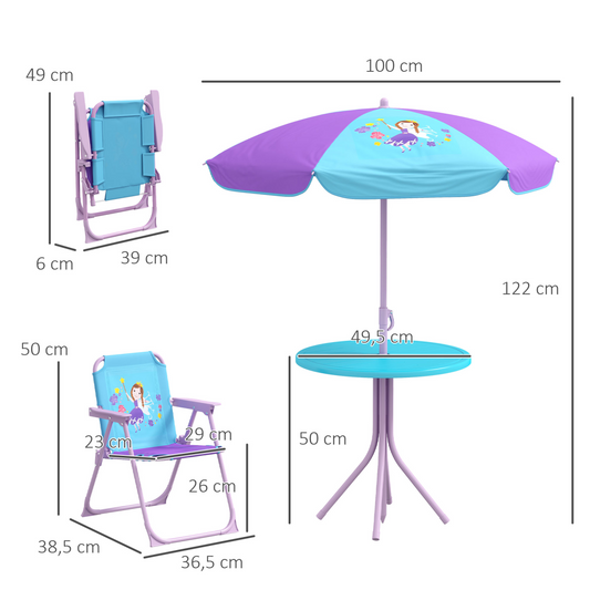 Kids Fairy-Themed Garden Set – 4-Piece Table, Chairs & Adjustable Parasol (Ages 3–6)
