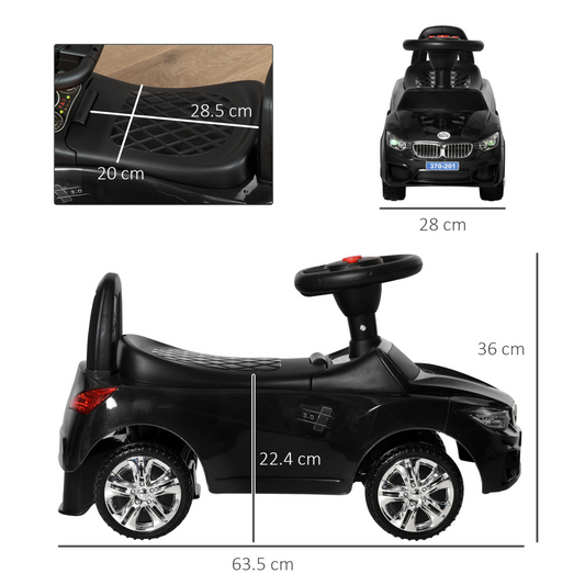 Toddler Ride-On Car with Horn, Music & Storage – Black
