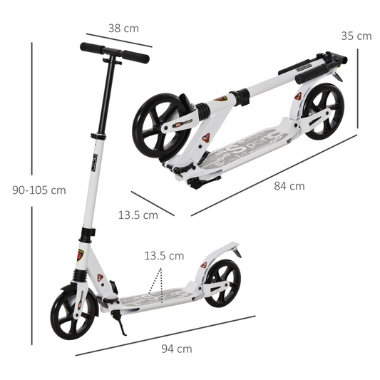 Kick Scooter Folding 2 Big Wheels Adjustable  Adult Teens For 14 White