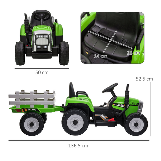 HOMCOM Ride-On Tractor with Remote Control & Detachable Trailer – Green