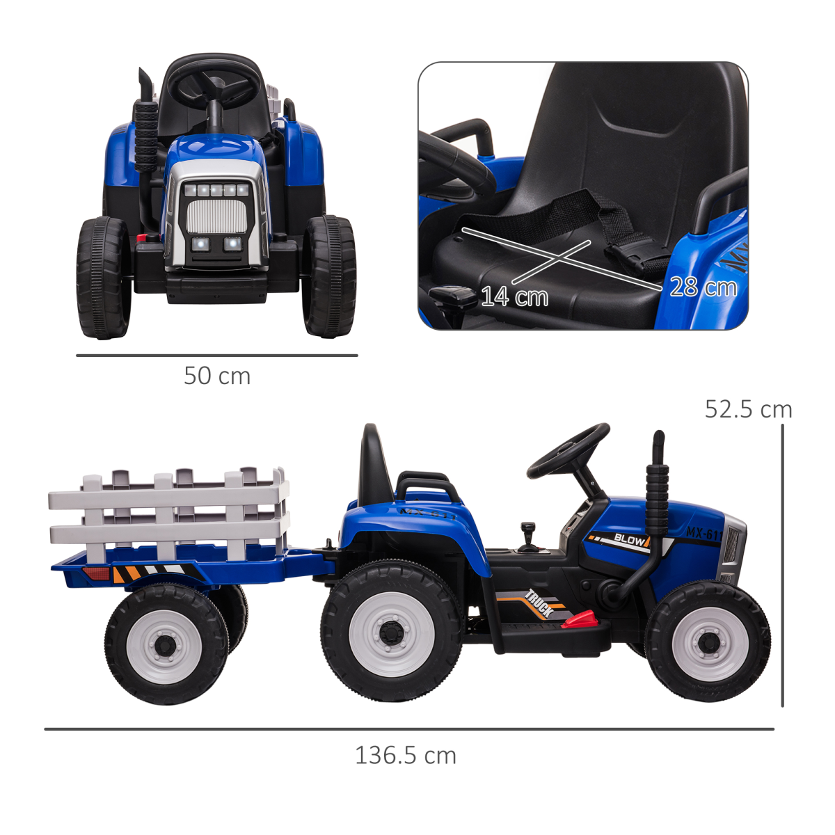 Ride-On Tractor with Remote Control & Detachable Trailer – Blue