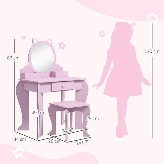Kids Vanity Table & Stool Set with Cat Design – Pink