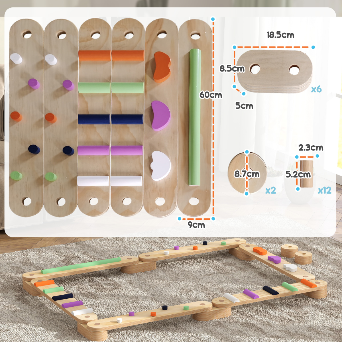 Kids Balance Board Set – 8 Bases, 6 Beams | Multicolour