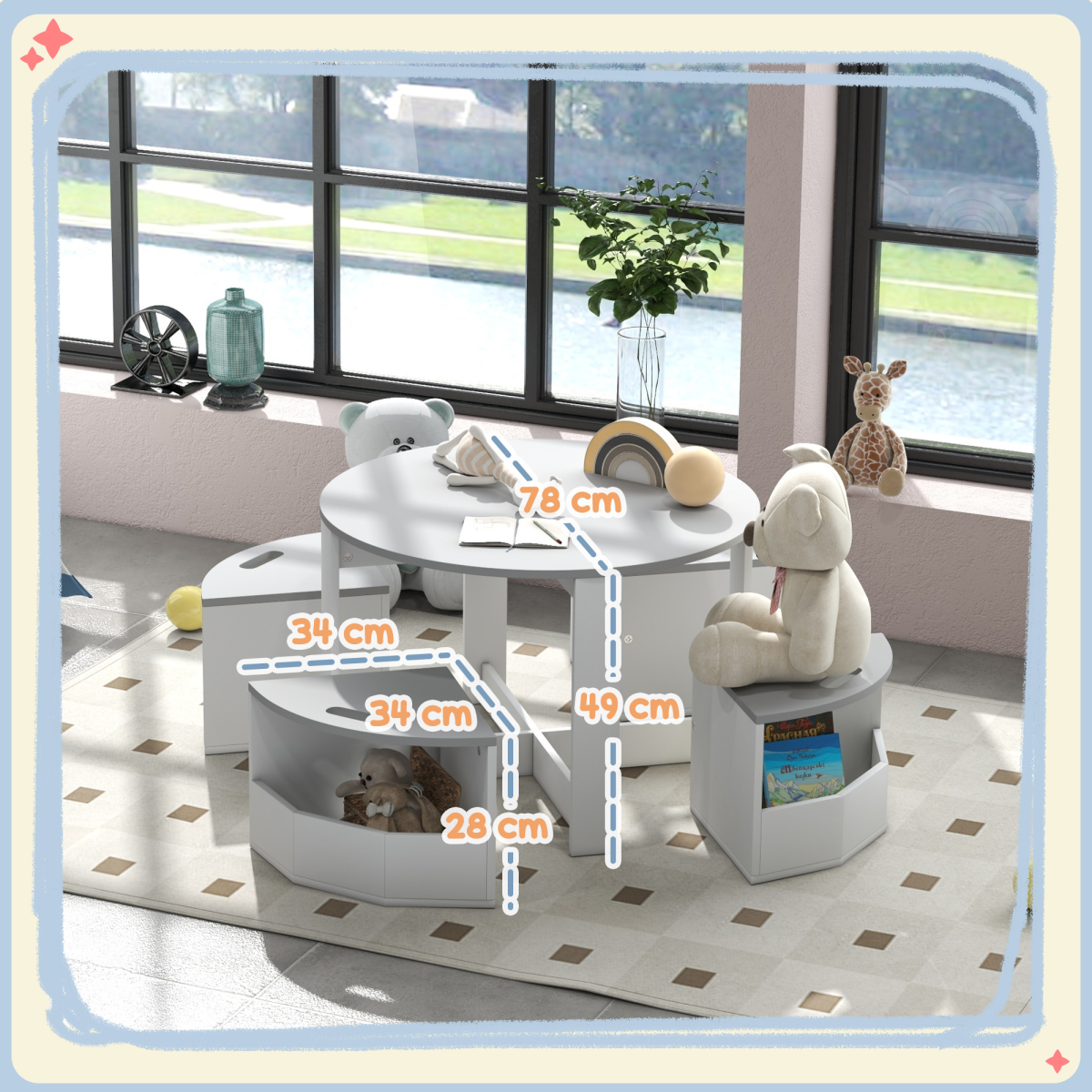 5-Piece Kids Table and Chair Set with Hidden Storage β Grey & White