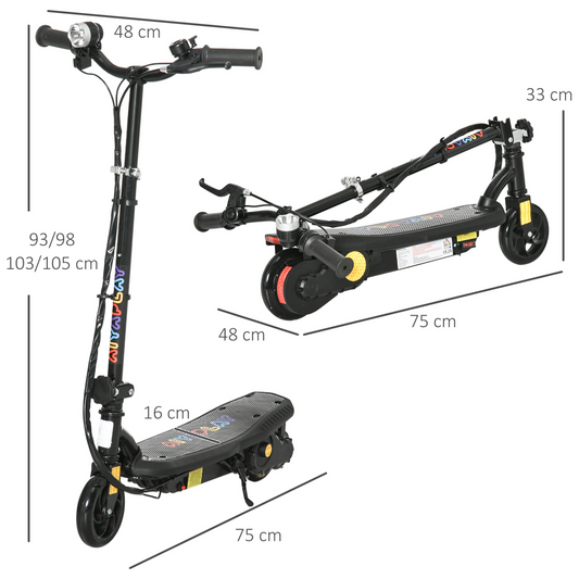 Folding Electric Scooter E-Scooter w/ LED Headlight, for Ages 7-14 Years - Black