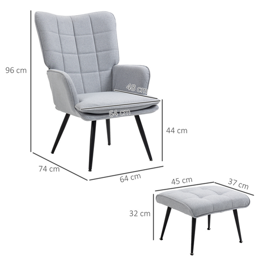 Chair with Footstool and Steel Legs, Light Grey