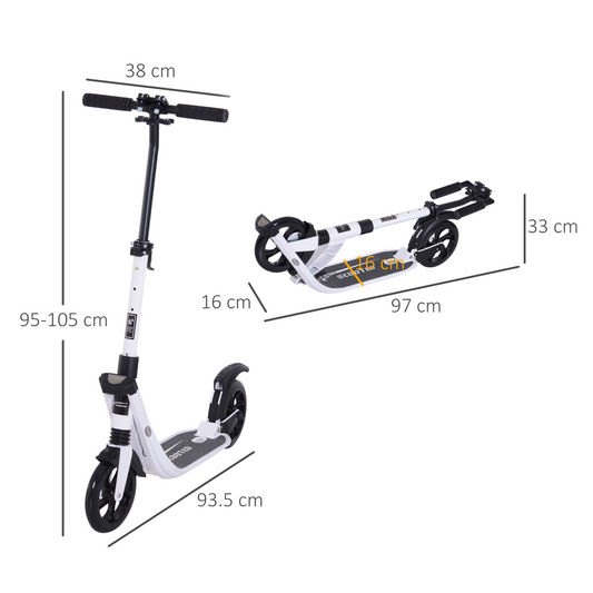 Folding Kick Scooter Teens Adult Ride On Adjustable 2 Big Wheels White