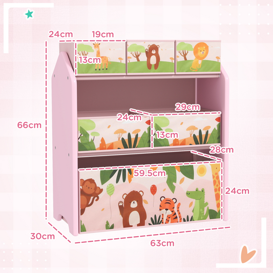 Kids 3-Tier Storage Unit with 6 Removable Boxes – Pink Cartoon Design
