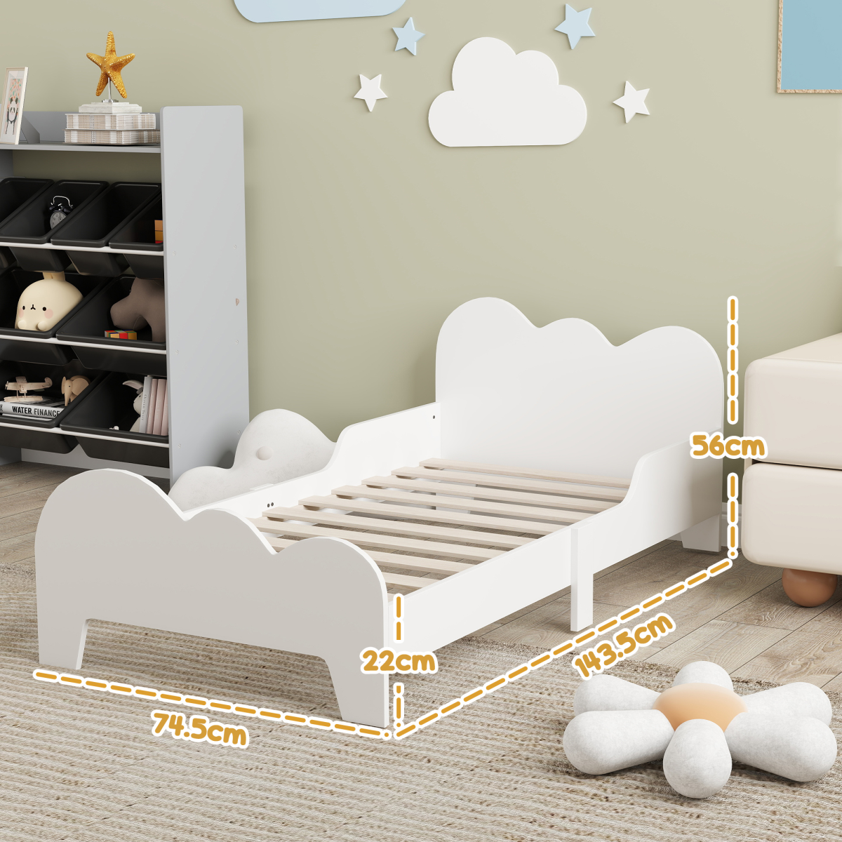 AIYAPLAY Cloud-Themed Toddler Bed frame with Safety Rails, 143.5 x 74.5 x 56cm