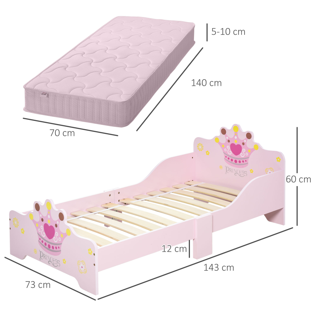 Kids’ Princess Toddler Bed with Side Rails – Pink
