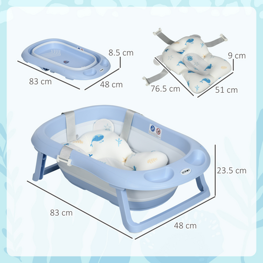 Foldable Baby Bath Tub with Cushion & Shower Head Holder – Blue & White