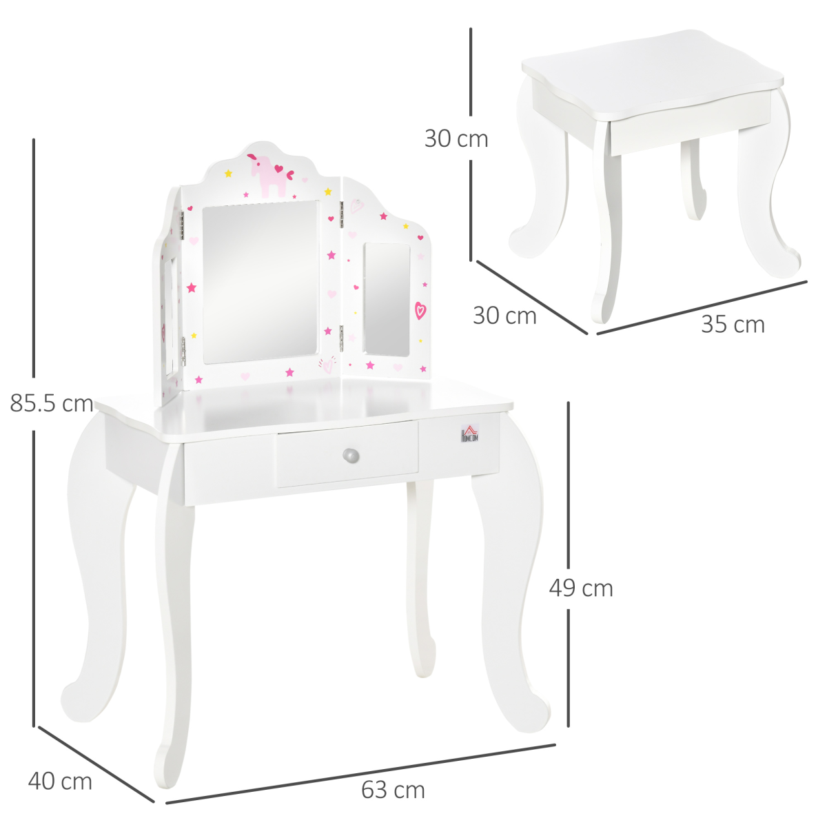 HOMCOM Kids Vanity Table & Stool Set with Rotatable Mirror β White & Pink